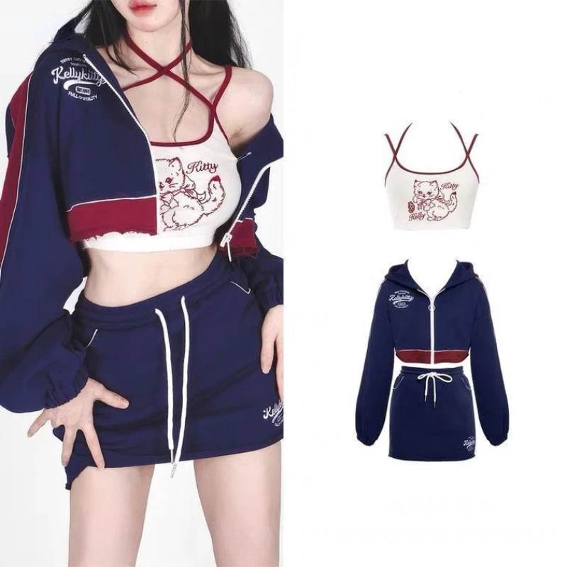 Top Trends: Autumn Spicy Girls Sports Fashion Set Sexy Cat Print Tank Top Casual Blue Long Sleeve Short Coat Short Skirt Shoppable Styles