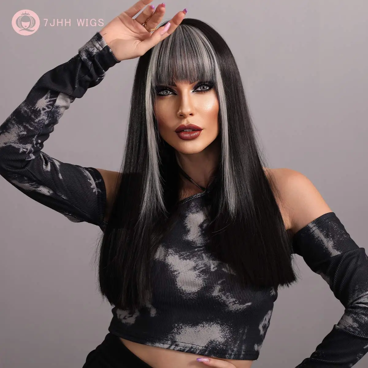 Top Trends: 7JHH WIGS Long Straight Black Wig For Women Synthetic Highlights Ash Wigs With Bangs Heat Resistant Burgundy Wig Shoppable Styles