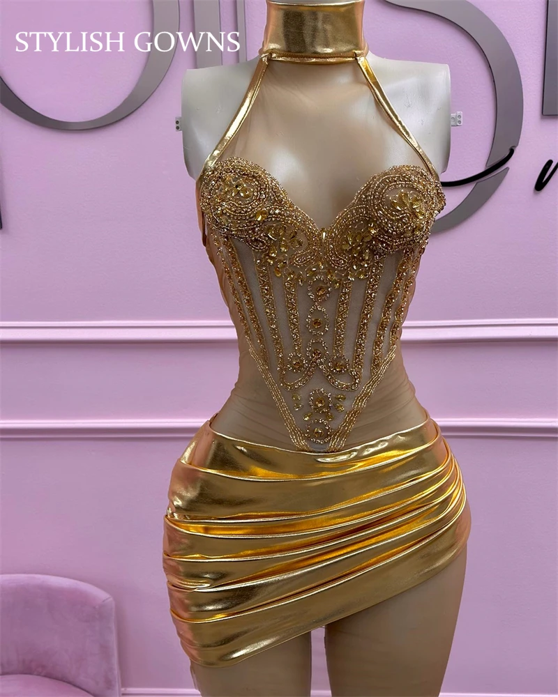 Top Trends: Gold High Neck Short Prom Dress For Black Girls Beaded Crystal Birthday Party Dresses Pleats Mini Mermaid Homecoming Abiti Da Co Shoppable Styles