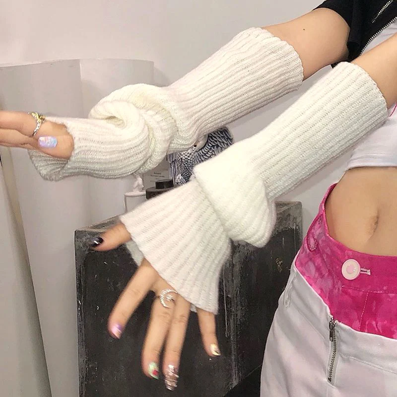 Top Trends: 2023 Women Winter Knit Winter 40cm Arm Sleeves Japanese White Black Goth Kawaii Fingerless Gloves Leg Warmers Harajuku Stockings Shoppable Styles