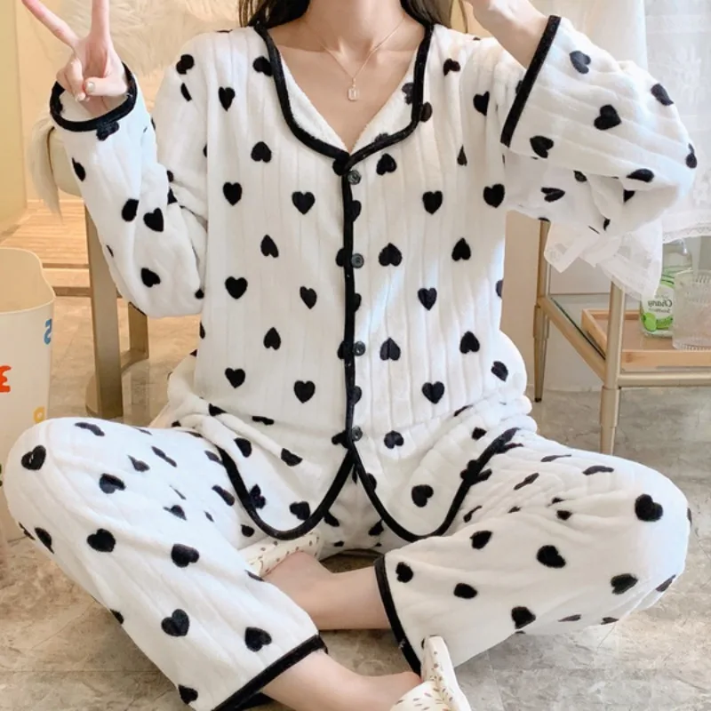 Top Trends: Flannel Pajamas Set Women Winter Warm Single Breasted Pyjamas Long Sleeve Trousers Turn-down Collar Sweet Elegant Thicker Pijama Shoppable Styles