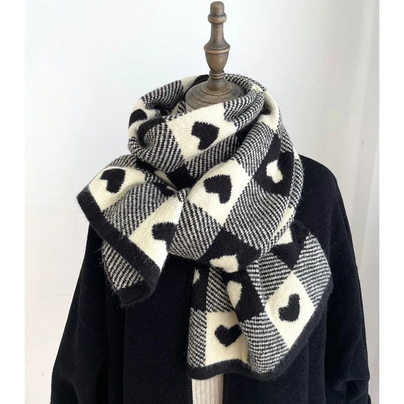 Top Trends: Knitted Scarf Love Heart Scarf Black White Plaid Scarf Thickened Warm Winter Women&#039;s Scarves Christmas New Year Gifts Shoppable Styles