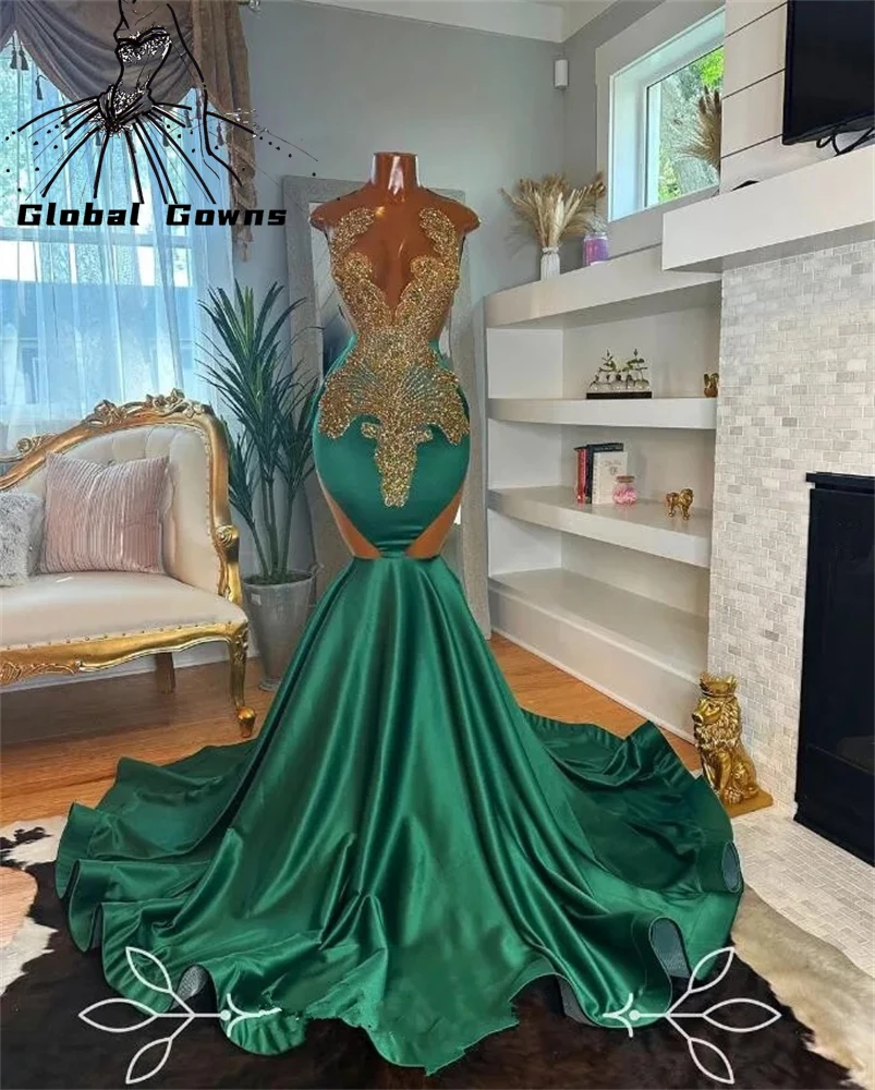 Top Trends: Green O Neck Long Prom Dress For Black Girls 2023 Beaded Rhinestone Birthday Party Dresses Mermaid Evening Gown Robe De Bal Shoppable Styles