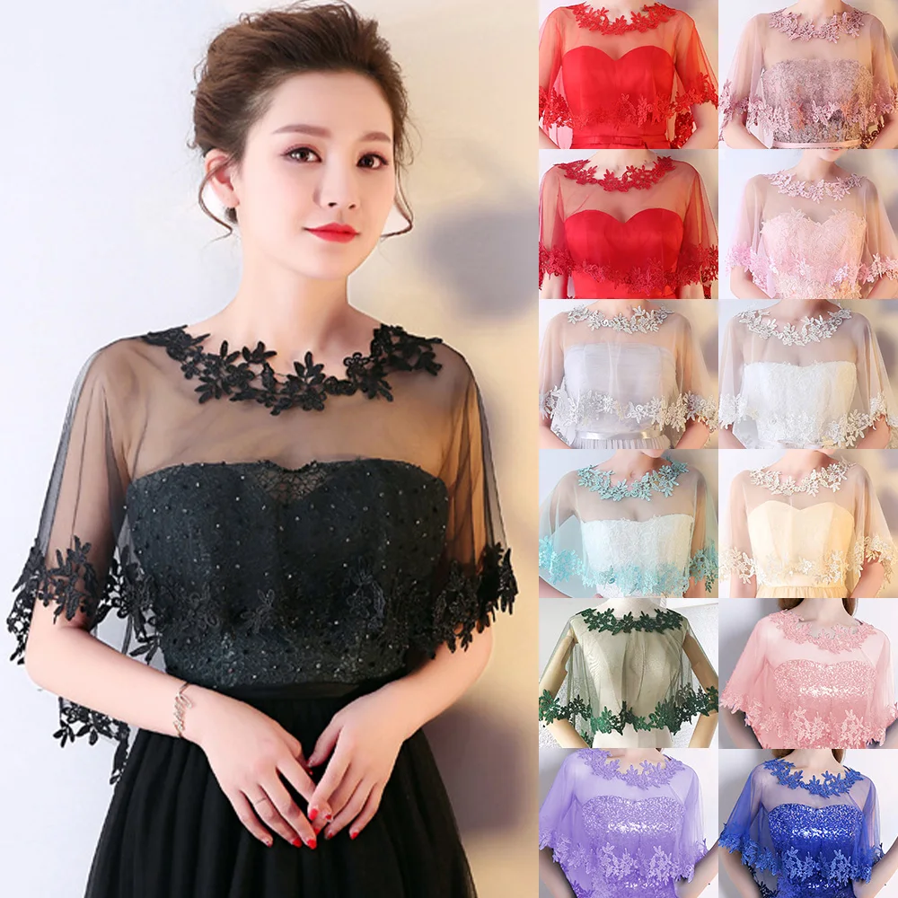 Top Trends: Women Black Applique Tulle Evening Prom Cape O-Neck Solid Soft Elegant Formal Sheer Cape Halloween Wedding Cosplay Shawl Red Shoppable Styles