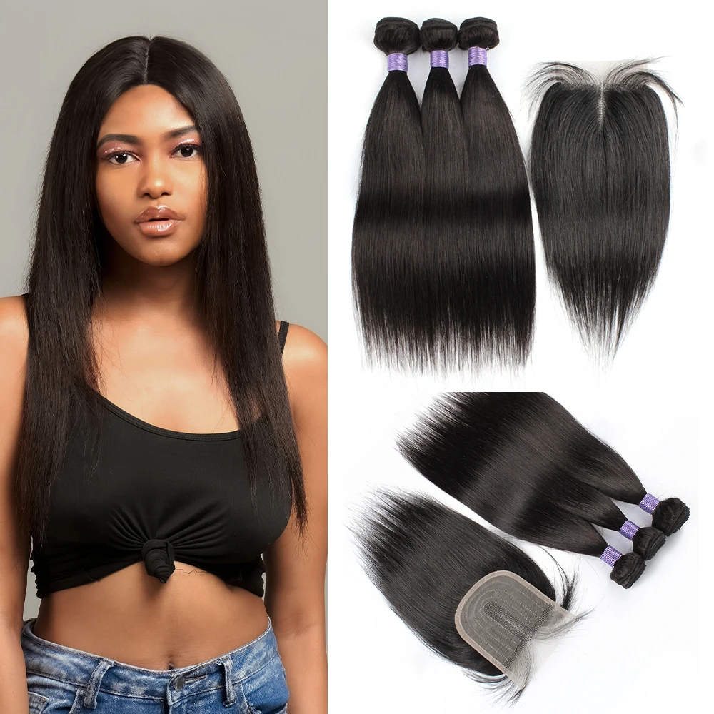 Top Trends: 3 Bundles With Closure Natural Color Remy Brazilian Human Hair Extension 200g / lot Straight 4x1 T Lace Middle Part Closures Shoppable Styles