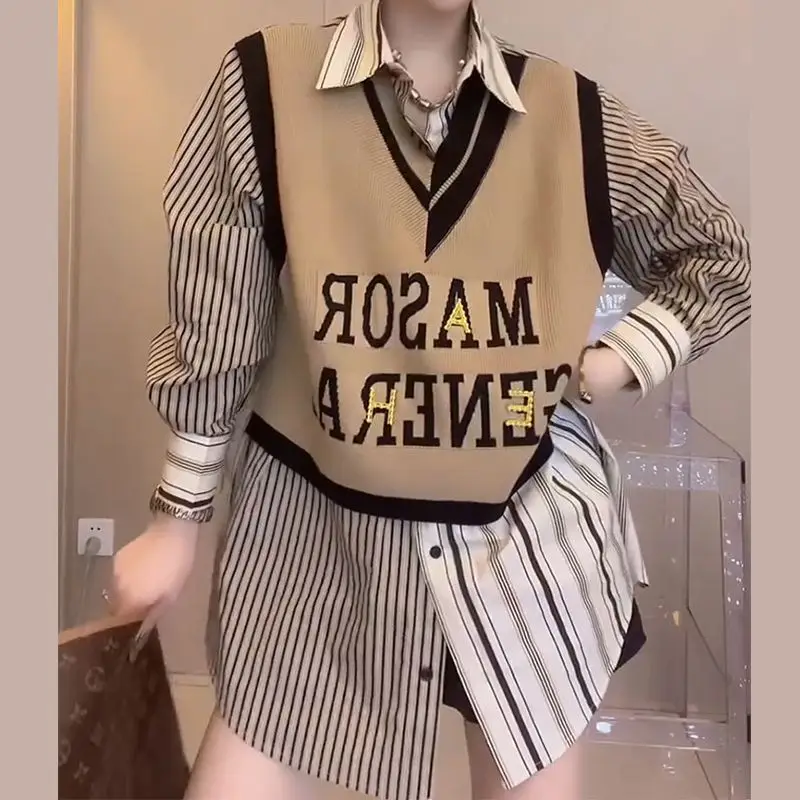 Top Trends: Women's Clothing Letter Printed Shirt Fake Two Pieces Spring Autumn Lapel Knitted Patchwork Korean Striped Asymmetrical Blouse Shoppable Styles