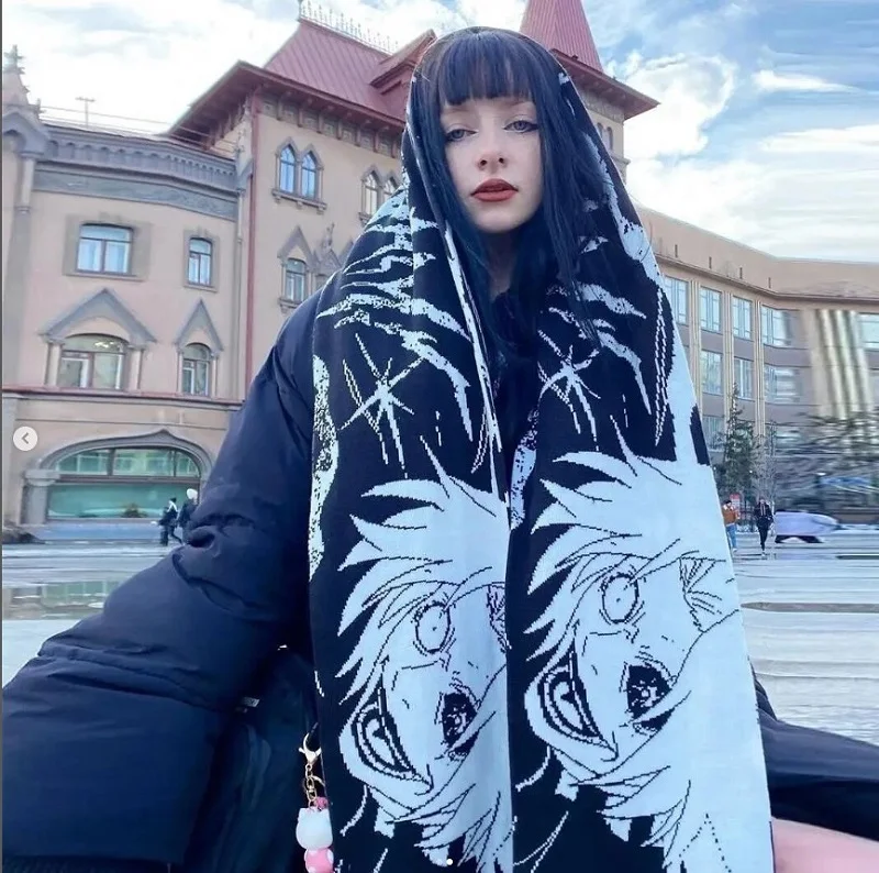 Top Trends: Fashion Creative Gothic Striped Knitted Women's Scarf Men's Winter Y2K Scarf Apron Black Tassel Luminous Kpop Scarf Women Luxury Shoppable Styles