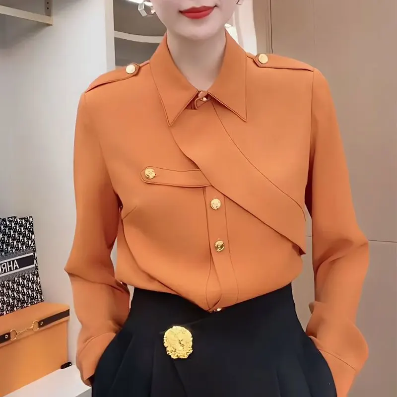 Top Trends: Commute Solid Color Stylish Asymmetrical Shirt Female Clothing Spliced Chic Single-breasted Spring Autumn Polo-Neck Loose Blouse Shoppable Styles