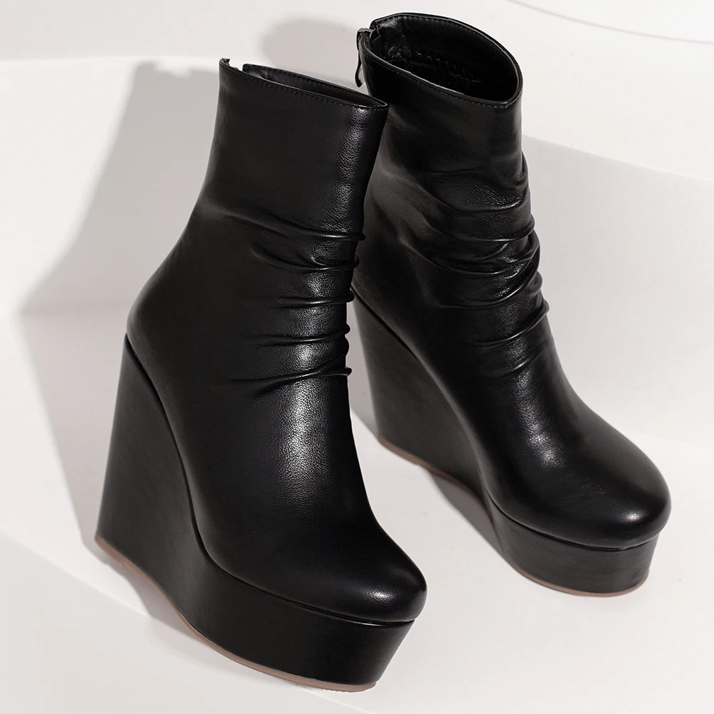 Top Trends: Wedges Ankle Boots Women Winter Autumn Shoes Fashion Faxu Leather Platform Women&#039;s Short Boots Sexy High Heels Black Shoes Femal Shoppable Styles