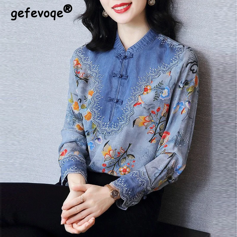 Top Trends: Vintage Embroidery Floral Print Chinese Style Elegant Shirts Women&#039;s Fashion Stand Collar Long Sleeve Top Blouse Clothing Blusas Shoppable Styles