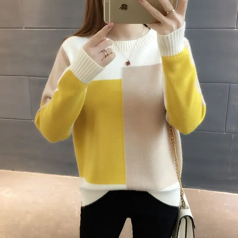 Top Trends: Autumn Winter New Fashion Women Solid Color Block Pullover Sweater Ladies Round Neck Knitted Tops Female Long Sleeve Jumper 2022 Shoppable Styles