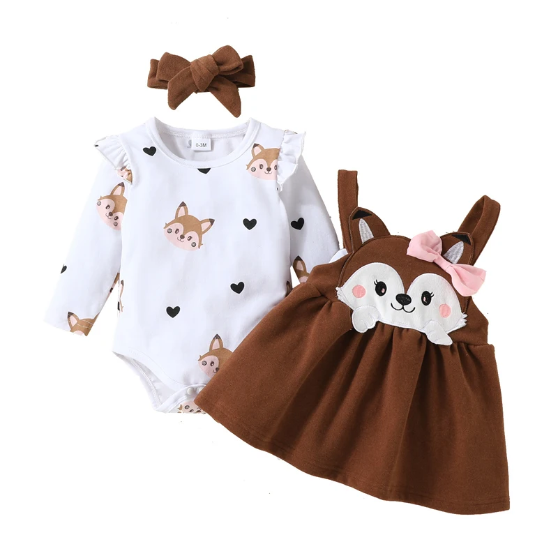 Top Trends: Newborn Baby Set Girl Clothing Printed Long Sleeve Bodysuit Tops Cartoon Fox Bow Dress 0-18 Months Autumn Winter Infant Outfits Shoppable Styles