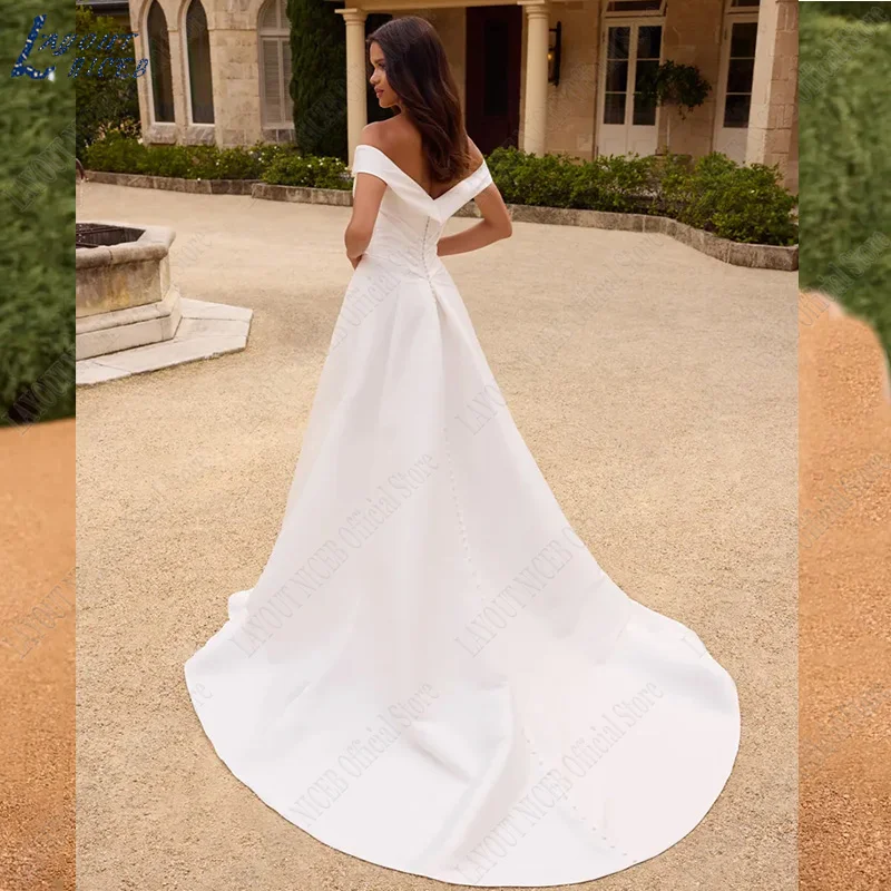 Top Trends: LAYOUT NICEB White A-Line Court Train Satin Off The Shoulder Wedding Dress 2023 Plus Size Brautkleider Robe De Mariée Split Shoppable Styles - Image 4