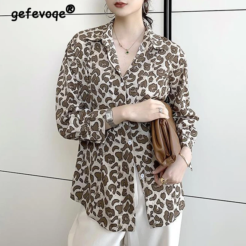 Top Trends: Women&#039;s Clothing Vintage Leopard Print Oversized Blouse Trendy Long Sleeve Button Shirt Casual Streetwear Tunic Tops Y2K Blusas Shoppable Styles