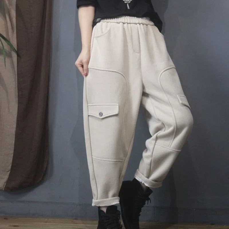 Top Trends: Autumn Winter Women&#039;s Solid Color Elastic Waist Warm Harem Pants New Casual Thick Loose Versatile Patchwork Cropped Trousers Shoppable Styles