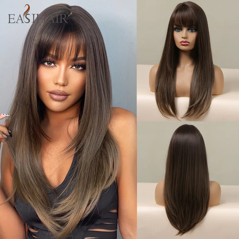 Top Trends: EASIHAIR Brown Straight Synthetic Wigs With Bangs Natural Layered Hair Wigs For Women Daily Cosplay Party Heat Resistant Fibers Shoppable Styles