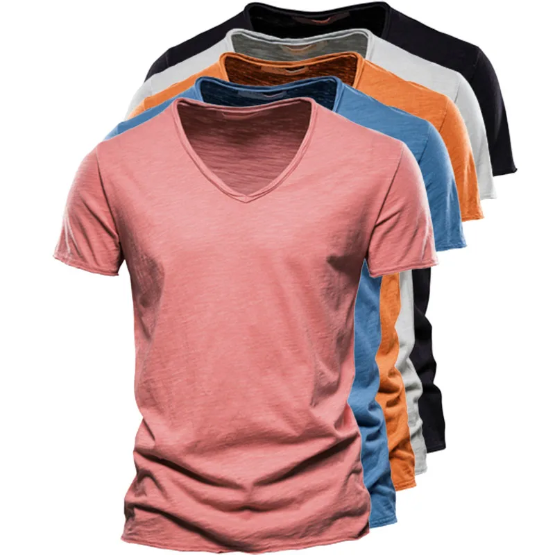 Top Trends: Summer New 100% Cotton Men T-shirt V-neck Fashion Casual Slim Pure Color T-shirts Male Tops Tees Short Sleeve T Shirt For Men Shoppable Styles