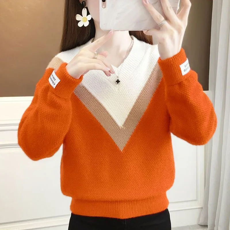 Top Trends: New Autumn And Winter Fashion Trend Color Matching V-neck Thread Loose And Versatile Foreign Style Knitted Long Sleeved Sweater Shoppable Styles