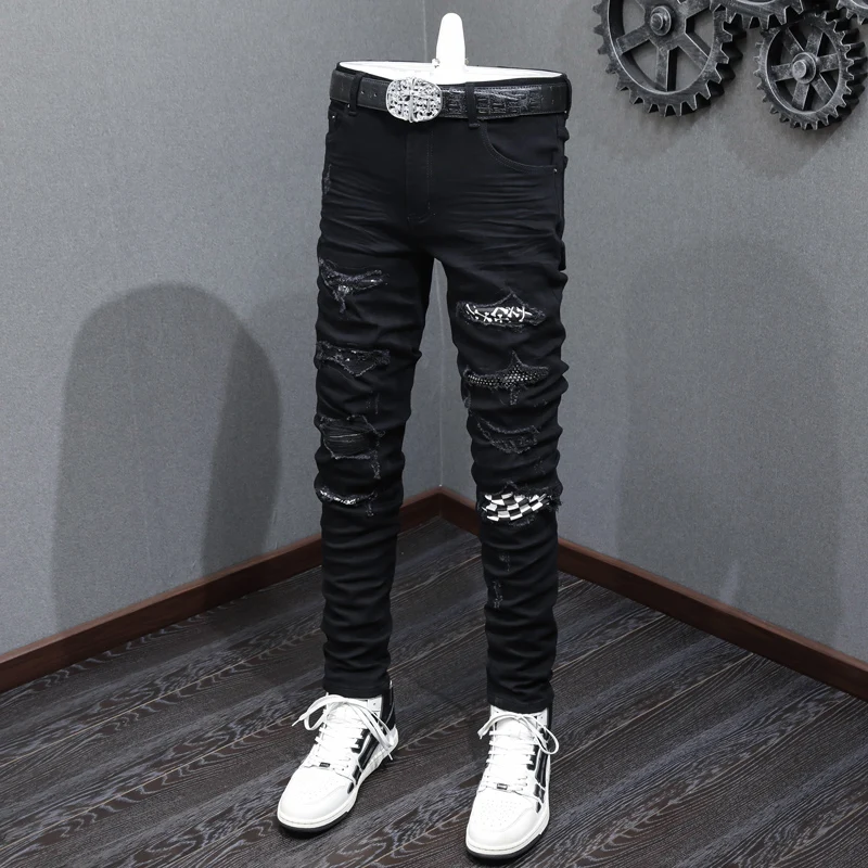 Top Trends: Streetwear Fashion Men Jeans Black Elastic Stretch Skinny Fit Ripped Jeans Men Plaid Patched Designer Hip Hop Brand Pants Hombre Shoppable Styles - Image 2