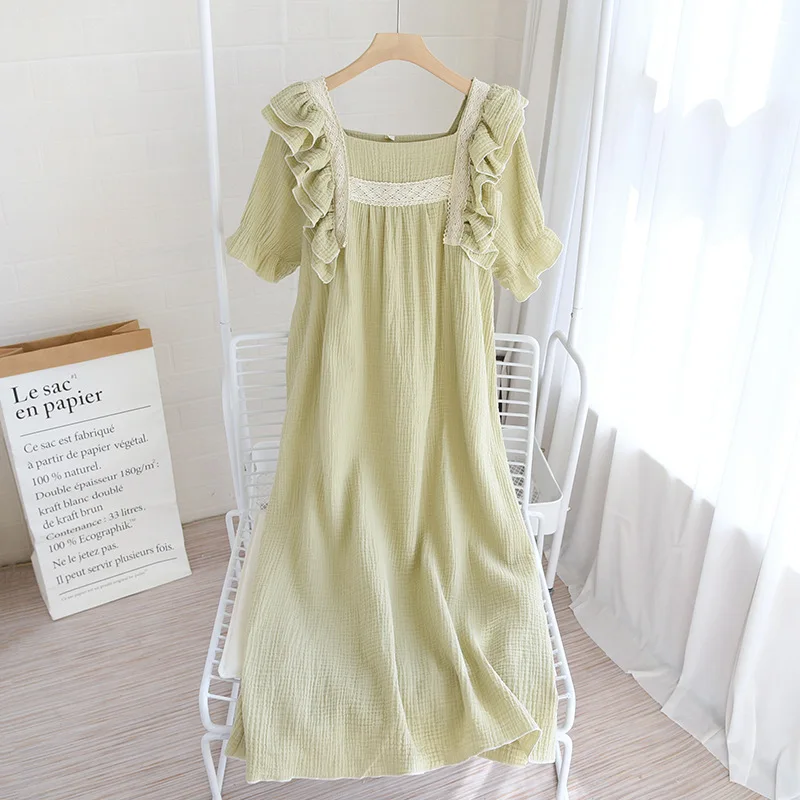 Top Trends: Summer New Ladies Nightdress 100% Cotton Crepe Lotus Leaf Sleeve Long Dress Palace Style Short Sleeve Nightdress Home Skirt Shoppable Styles