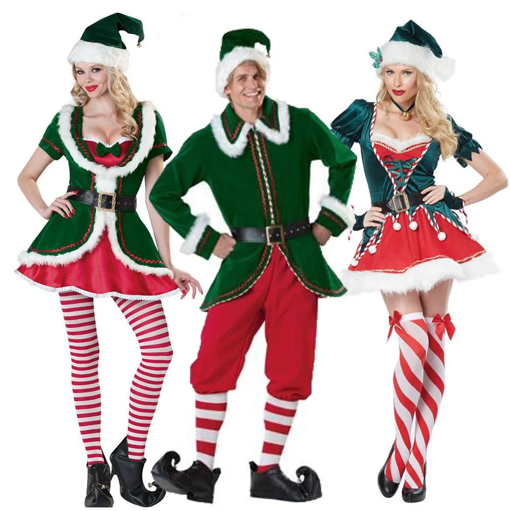 Top Trends: Men Women Velvet Christmas Santa Cosplay Costume Couple Santa Claus Uniform Green Elf Xmas Suit Winter Sexy Fancy Party Dress Shoppable Styles