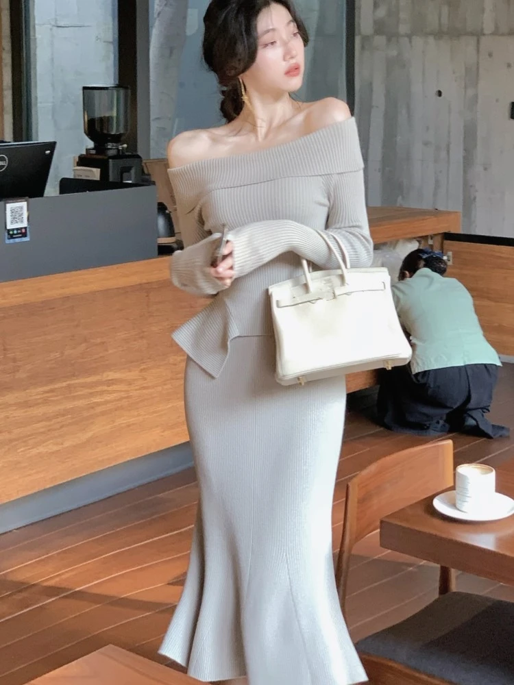 Top Trends: Knitted Two Piece Set Women Autumn Winter Trend Long Sleeve Slash Neck Off Shoulder Top + Mermaid Midi Skirt Fashion Female Shoppable Styles