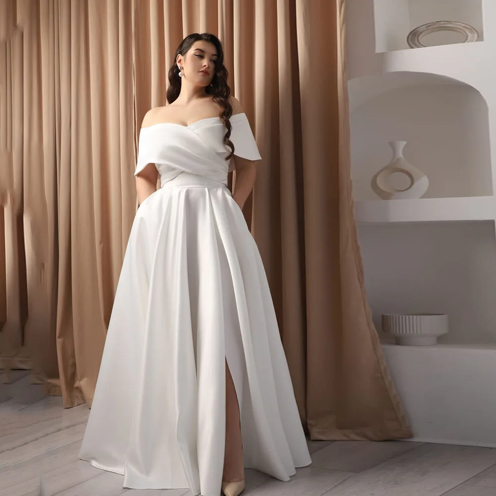 Top Trends: Elegant Off The Shoulder Wedding Dresses Plus Size V-Neck Bride Gowns Lace Up Side Split Floor Length Satin Vestido De Noiva Shoppable Styles