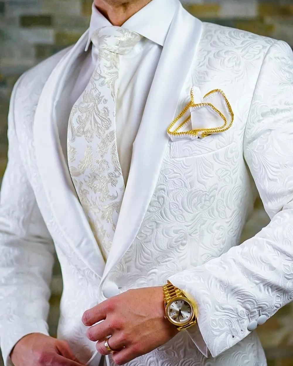 Top Trends: 2023 Custom Made Jacquard Groomsmen White Groom Tuxedos White Shawl Lapel Men Wedding Suits Prom Party Best Man Blazer Pants Set Shoppable Styles