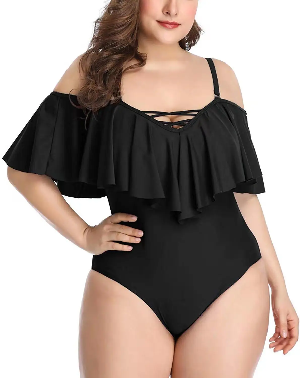 Top Trends: Plus Size Swimwear Ruffled One Piece Swimsuit Women Shoulder Off Bathing Suit Large Size Monokini Bandage Swimsuit 2022 Dropship Shoppable Styles