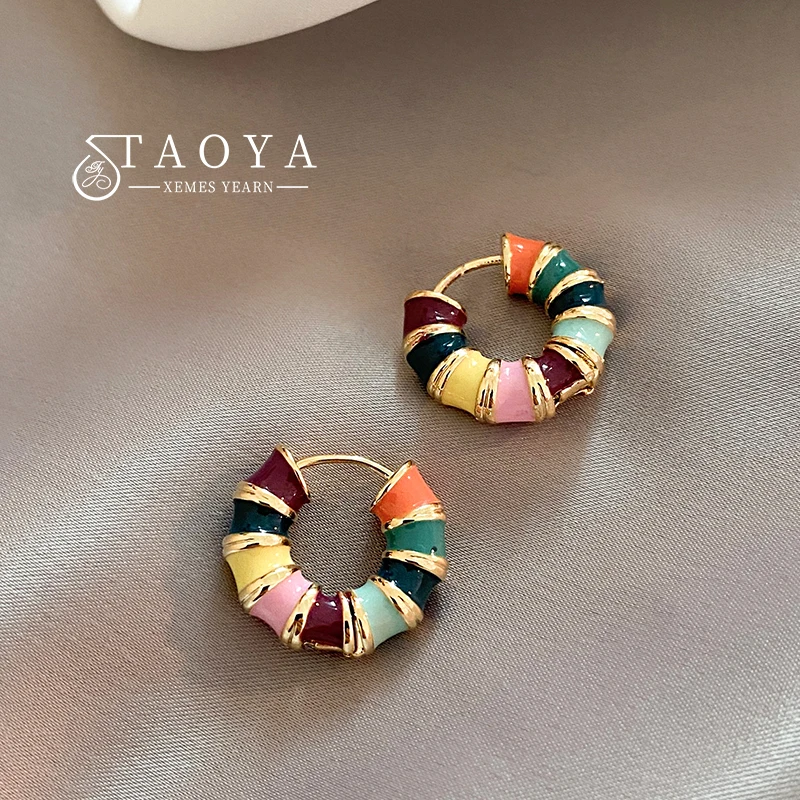 Top Trends: French Romantic Retro Color Enamel Round Gold Color Ear Buckle 2023 New Hoop Earrings For Womens Fashion Jewelry Accessories Shoppable Styles