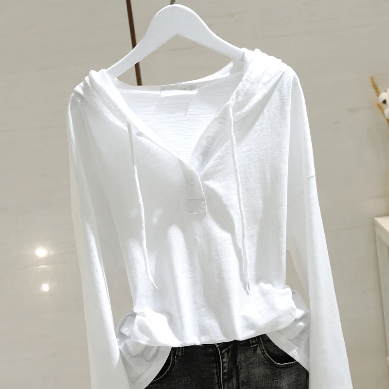 Top Trends: Summer Thin Cotton Linen Loose Inner Layer Outer Layer White Hooded Long Sleeve T-shirt Women's Bottom Top Sunscreen Clothing Shoppable Styles