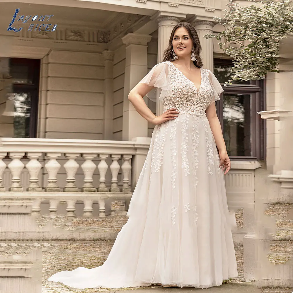 Top Trends: LAYOUT NICEB Vintage Short Sleeve V-Neck Wedding Dress 2024 Simple Lace Applique Bride Gown Tulle Zipper A-Line Vestido De Novia Shoppable Styles