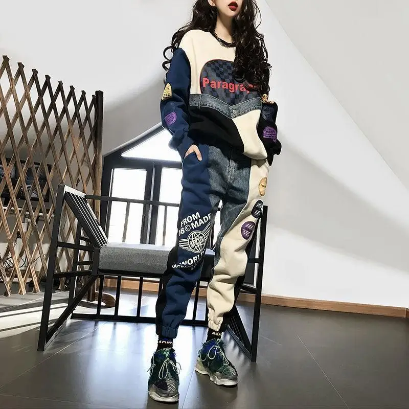 Top Trends: Autumn And Winter Women&#039;s Printed Casual Splicing Plus Fleece Long-sleeved Hoodie Loose Sweatpants Fashion Trend Hip Hop Suit Shoppable Styles