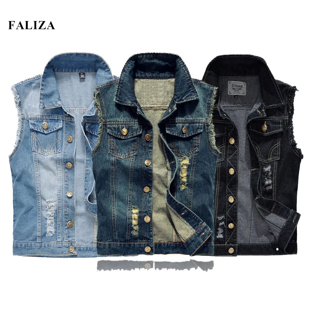 Top Trends: FALIZA New Mens Denim Vests Ripped Sleeveless Jeans Jacket Men Waistcoats Cotton Gilet Tank West Cowboy Hip Hop Rivet Streetwear Shoppable Styles