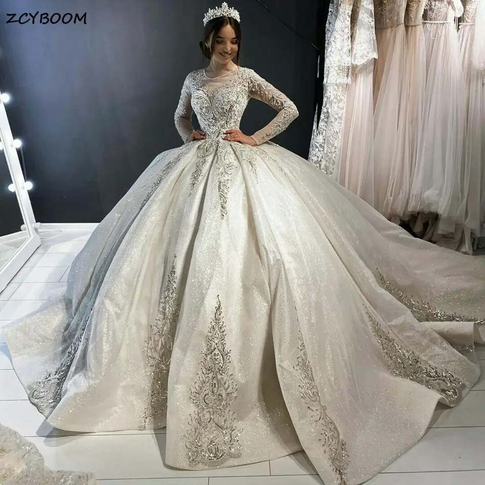 Top Trends: Luxurious Long Sleeves Ball Gown Wedding Dresses 2023 Princess Lace Appliques O-Neck Bridal Gowns Chapel Train Vestido De Noiva Shoppable Styles