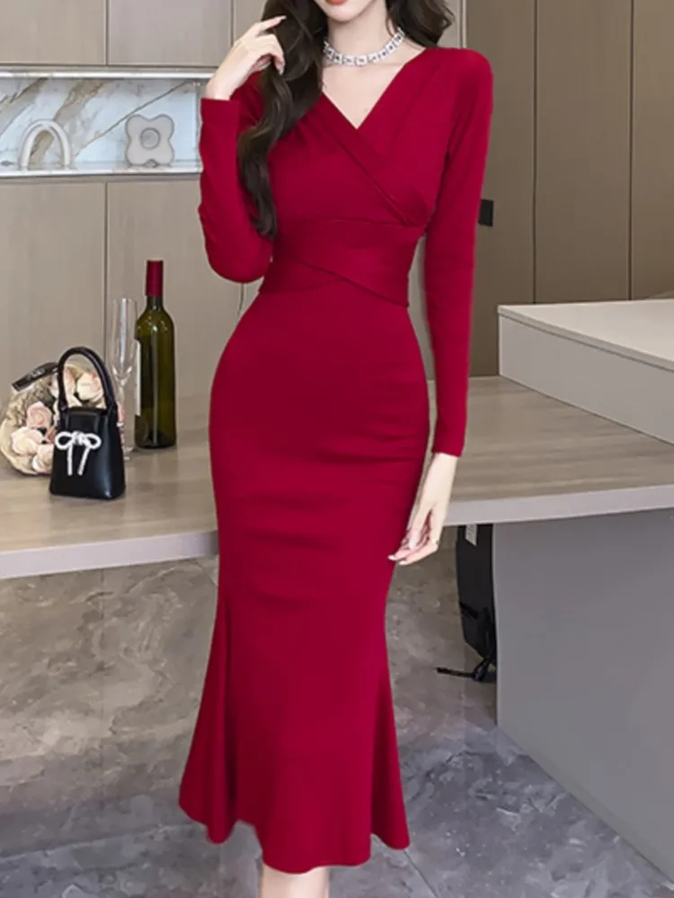 Top Trends: Fashion Women Elegant Bodycon Slim Midi Dress Vintage Sexy Casual Lace-up Prom Party Dresses Chic Solid Female Vestidos Mujers Shoppable Styles