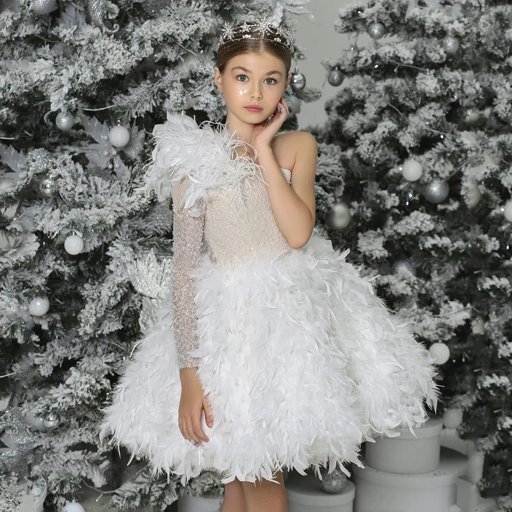 Top Trends: Exquisite Feathers Flower Girl Dress For Wedding One Shoulder Long Sleeves Pearl Lace First Communion Gown Pageant Party Dresses Shoppable Styles