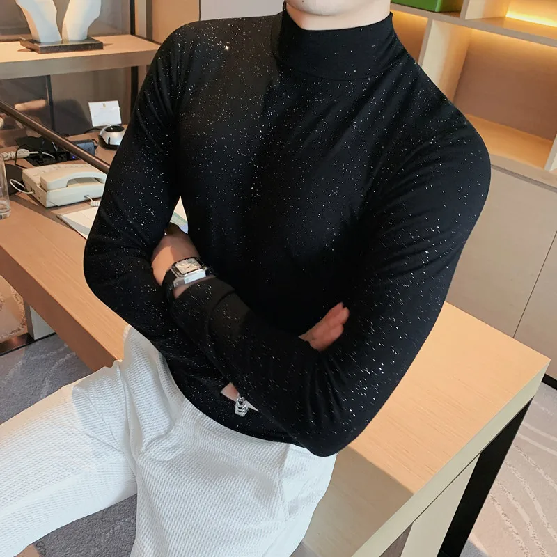 Top Trends: 2023 Brand Clothing Men Spring High Quality Turtleneck Pullover T-Shirts / Male Slim Fit Sequins Decoration Long Sleeve T-Shirts Shoppable Styles