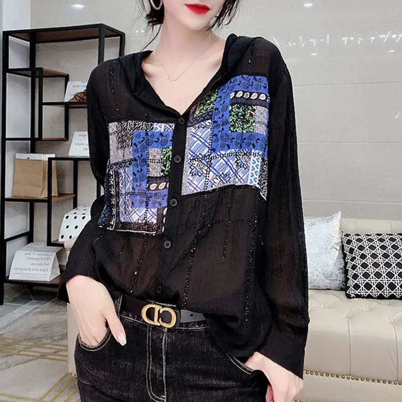 Top Trends: 2023 Casual Commute Loose Single-breasted Shirt Summer Printed Women&#039;s Clothing Fashion Diamonds Hooded Korean All-match Blouse Shoppable Styles