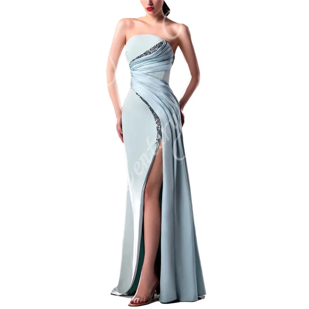 Top Trends: Beading Strapless Evening Dresses Sexy Slit Satin Prom Dress Pleated Mermaid Formal Occasion Wedding Party Gowns Robe Soiree Shoppable Styles