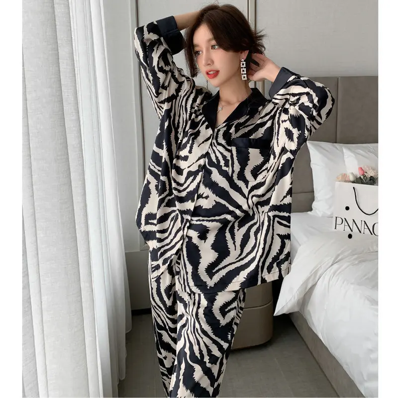 Top Trends: Women's 2 Piece Pajamas Sets Zebra Stripes Pijama Faux Silk Satin Lapel Pyjama Female Sleepwear LongSleeve Shirt Pants Homewear Shoppable Styles