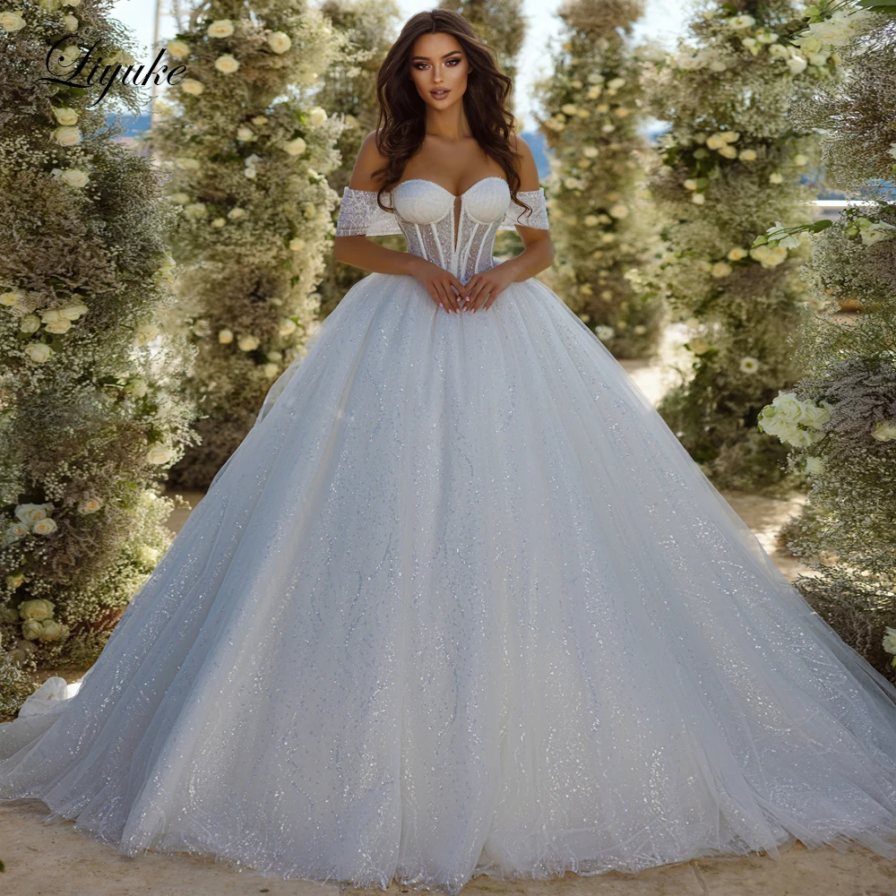 Top Trends: Liyuke Elegant Bling Lace Off The Shoulder Sweetheart Ball Gown Wedding Dress 2023 Vestido De Noiva Shoppable Styles