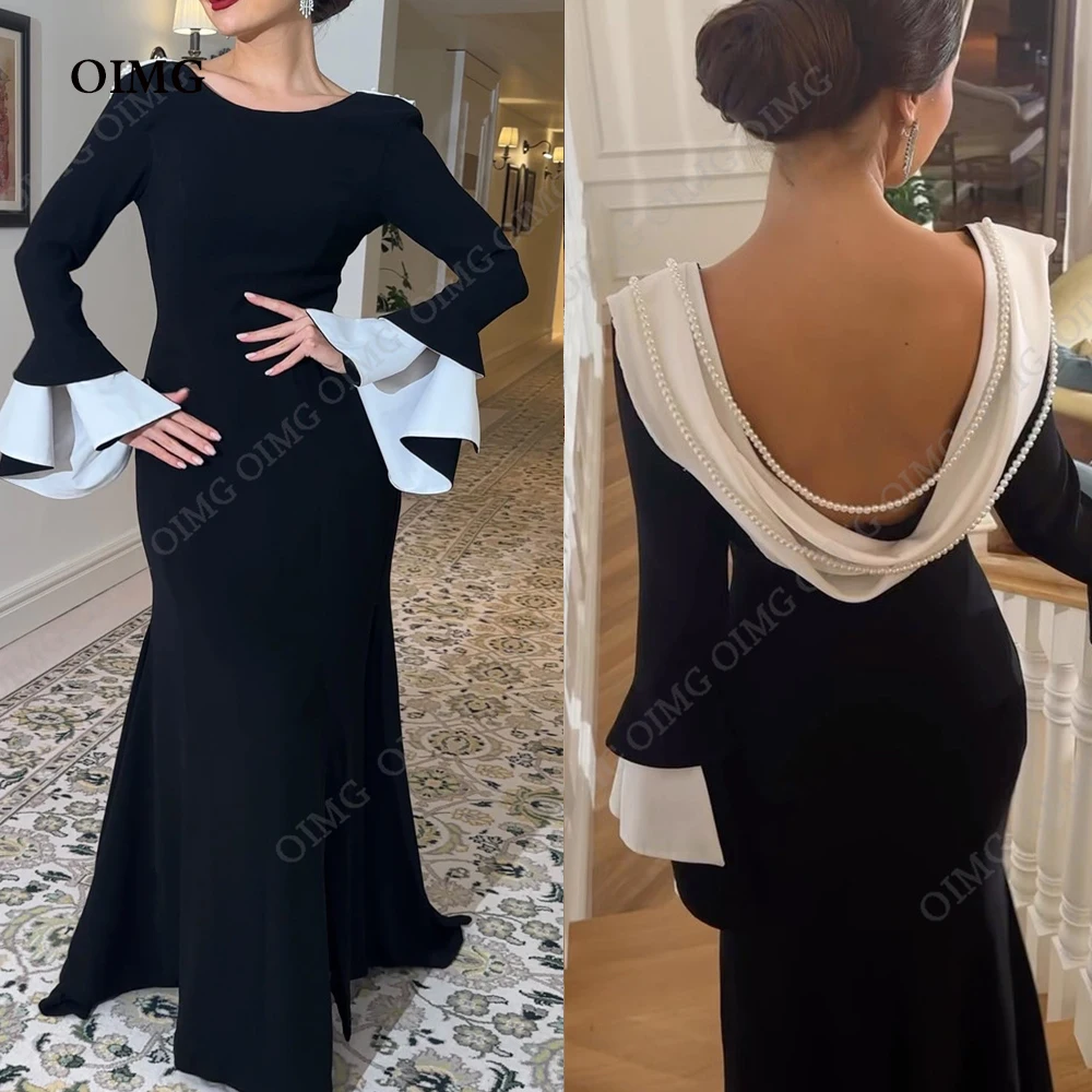 Top Trends: OIMG Black Backless Pearls Mermaid Evening Dress Full Sleeves Floor Length Formal Prom Gowns Vestido De Festa Women Party Dress Shoppable Styles