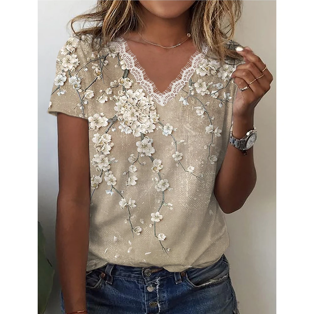 Top Trends: 2023 Women'S T-Shirt V-Neck Lace Short-Sleeved Street Fashion Clothing Flower Print Trend Top Loose Women'S V-Neck T-Shirt Top Shoppable Styles