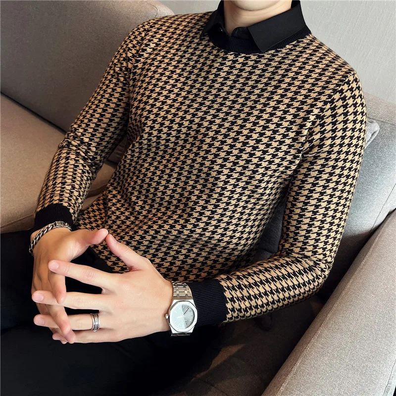 Top Trends: Fake 2 Pieces Shirt Collar Casual Knit Sweater / Male Slim Fit Fashion High Quality Plaid Knit Shirt Male Casual Pullover 3XL 4XL Shoppable Styles