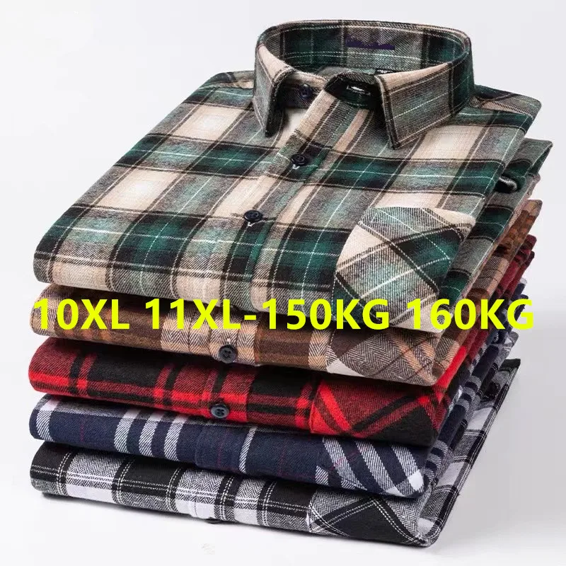 Top Trends: Plus Large Size 10XL 11XL Shirts For Men Long Sleeve Autumn Fashion Pure Cotton Plaid Sanding Casual Soft 160XL Shoppable Styles