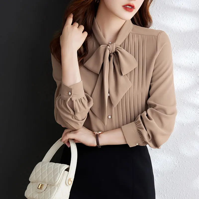 Top Trends: Temperament Irregular Bow Lacing Shirts Spring Autumn New Long Sleeve Solid Chiffon Blouse Fashion Elegant Women Clothing Shoppable Styles