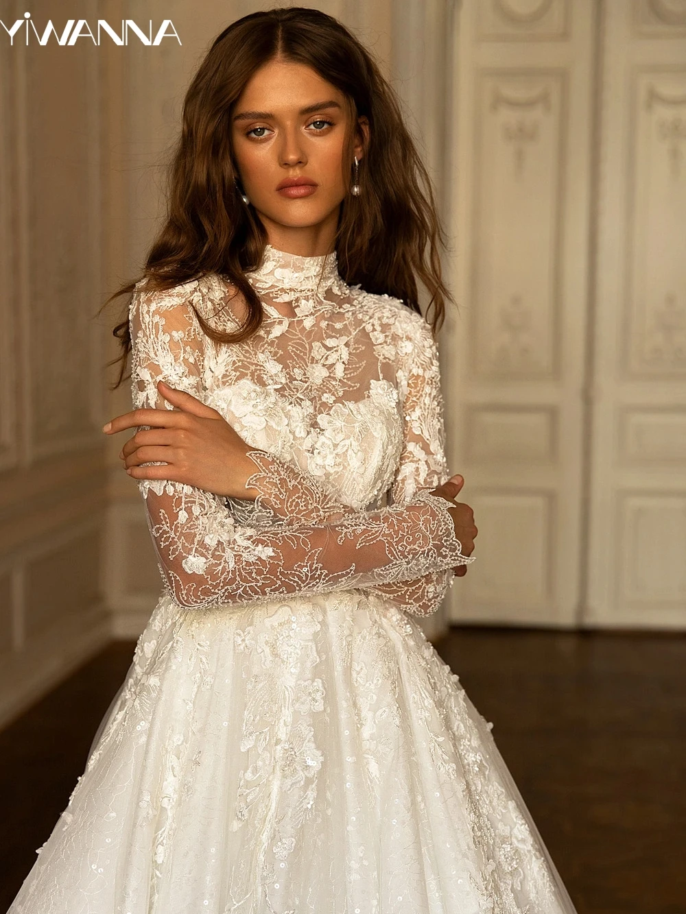 Top Trends: Modest High Collar Long Sleeve Wedding Dress Classic Lace Appliques Dress For Bride Sparkly A-line Bridal Gown Robe De Mariée Shoppable Styles