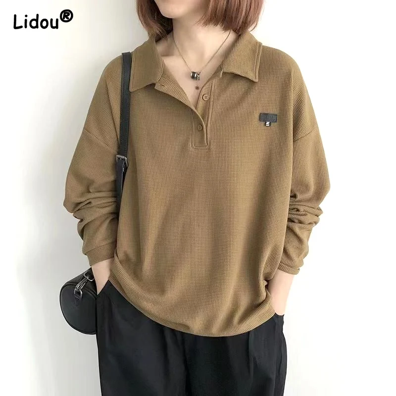 Top Trends: Street Casual Loose Autumn Winter Solid Sweatshirts Button Turn-down Collar Women&#039;s Clothing Pullovers Thin Simple Popularity Shoppable Styles