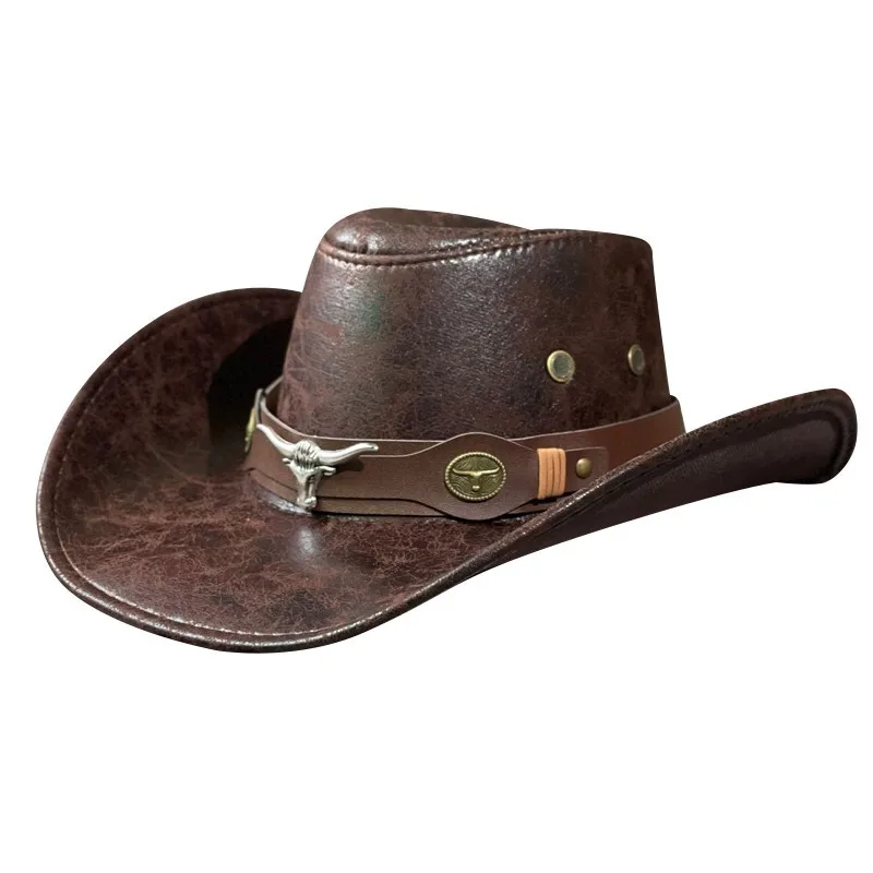 Top Trends: Women Men Faux Leather Western Cowboy Hats Cow Head Decorate Vintage Rider Panama Cowgirl Jazz Cap Sombrero Hombre Shoppable Styles - Image 4